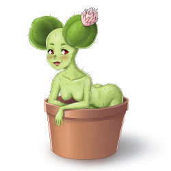 Rule 34 | 1girl, absurdres, ass, breasts, butt crack, cactus girl, colored skin, emojo, green skin, highres, leaning forward, nipples, nude, plant, pot, potted plant, simple background