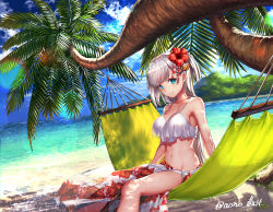 Rule 34 | 1girl, alternate costume, alternate hairstyle, aono meri, armpits, azur lane, bare shoulders, bikini, blue eyes, blue sky, blush, breasts, cleavage, closed mouth, cloud, coconut tree, collarbone, day, floral print, flower, groin, hair flower, hair ornament, hammock, japanese clothes, large breasts, long hair, looking at viewer, mole, mole under eye, navel, ocean, one side up, outdoors, palm tree, sand, sarong, shade, shoukaku (azur lane), sidelocks, silver hair, sitting, sky, smile, solo, stomach, sunlight, swimsuit, tree, twitter username, water