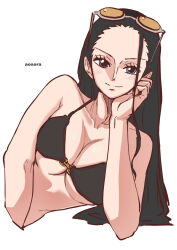 Rule 34 | 1girl, aosora2823, arm rest, artist name, black hair, blue eyes, blush, closed mouth, commentary request, eyewear on head, highres, long hair, looking at viewer, nico robin, one piece, simple background, smile, solo, sunglasses, swimsuit, white background