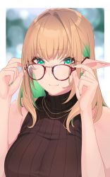 Rule 34 | 1girl, adjusting eyewear, bare arms, bare shoulders, black sweater, blonde hair, blurry, blurry background, breasts, commentary request, earrings, eyes visible through hair, glasses, green eyes, green hair, green nails, hand on eyewear, highres, hikichi sakuya, jewelry, large breasts, long hair, mole, mole under eye, multicolored hair, nail polish, necklace, original, pointy ears, portrait, red-framed eyewear, ribbed sweater, smile, solo, sweater, turtleneck, turtleneck sweater