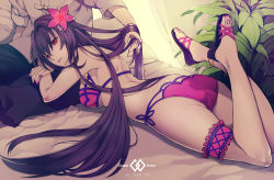 Rule 34 | 1boy, 1girl, ass, bed, bed sheet, bikini, breast press, breasts, crossed arms, fate/grand order, fate (series), flower, from behind, hair flower, hair ornament, hibiscus, large breasts, li shuwen (fate), li shuwen (fate/grand order), li shuwen (young) (fate), li shuwen (young) (first ascension) (fate), lips, long hair, looking at viewer, lying, lying on lap, midriff, nail polish, nishi juuji, no socks, on stomach, parted lips, purple bikini, purple hair, red eyes, sandals, scathach (fate), scathach (fate/grand order), scathach (swimsuit assassin) (fate), solo focus, swimsuit, thighs, toes, very long hair