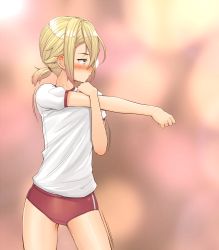 Rule 34 | 1girl, absurdres, blonde hair, blurry, blurry background, blush, breasts, buruma, commentary request, cowboy shot, gym shirt, gym uniform, hair between eyes, hickey, highres, kitsunerider, looking to the side, nose blush, original, red buruma, shirt, short hair, short ponytail, short sleeves, small breasts, solo, soneda akane, stretching