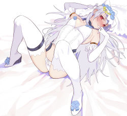 Rule 34 | 1girl, ass, beijuu, blue flower, blue rose, blush, boots, bow, breasts, bridal veil, bustier, commentary request, dress, elbow gloves, finger to mouth, flower, girls&#039; frontline, gloves, hair between eyes, hair bow, head tilt, knees up, long hair, looking at viewer, lying, medium breasts, official alternate costume, on back, panties, parted lips, platform footwear, platform heels, red eyes, ribbon-trimmed panties, rose, sidelocks, silver hair, smile, solo, spread legs, thigh boots, thighhighs, thighs, tokarev (a couple&#039;s journey) (girls&#039; frontline), tokarev (girls&#039; frontline), underwear, veil, wedding dress, wedge heels, white dress, white footwear, white gloves, white panties, white thighhighs