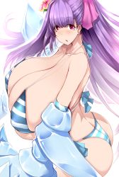 Rule 34 | 1girl, ass, bare shoulders, bikini, blue bikini, blush, breasts, butt crack, claws, cleavage, collarbone, fate/extra, fate/extra ccc, fate/grand order, fate (series), flower, gigantic breasts, hair flower, hair ornament, hair ribbon, highres, long hair, looking at viewer, passionlip (fate), pink eyes, pink ribbon, purple hair, ribbon, skindentation, solo, striped bikini, striped clothes, swimsuit, tsukasawa takamatsu, very long hair
