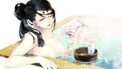Rule 34 | 1girl, alcohol, black hair, blue eyes, blush, breasts, cherry blossoms, choko (cup), cup, dated, eyelashes, floating, floating object, hair bun, highres, hikimayu, kyo (kuroichigo), leaning, lipstick, long hair, looking at viewer, looking to the side, makeup, medium breasts, nail polish, nipples, nude, one eye closed, onsen, original, parted lips, partially submerged, petals, petals on liquid, red lips, red nails, reflection, sake, signature, single hair bun, solo, steam, tokkuri, tree, water, wet, white background