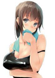 Rule 34 | 1girl, amamiya natsumi, black one-piece swimsuit, blue eyes, blush, breasts, brown hair, covered erect nipples, highres, kekemotsu, large breasts, looking at viewer, non-web source, one-piece swimsuit, original, ponytail, shiny clothes, sidelocks, simple background, solo, strap slip, swimsuit, towel, towel around neck, white background