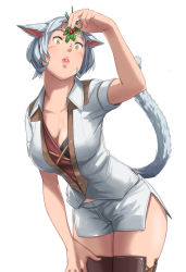 Rule 34 | 10s, 1girl, animal ears, breasts, cat ears, cat tail, cleavage, final fantasy, final fantasy xiv, highres, imdsound, looking at viewer, miqo&#039;te, mistletoe, short hair, short shorts, shorts, silver hair, solo, tail, thighhighs