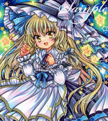 Rule 34 | 1girl, :d, apron, black dress, black hat, blonde hair, blue ribbon, bow, braid, dress, embellished costume, frills, hair ribbon, hat, hat bow, holding, holding star, kirisame marisa, long hair, long sleeves, looking at viewer, marker (medium), open mouth, ribbon, rui (sugar3), sample watermark, side braid, single braid, smile, solo, star (symbol), starry background, touhou, traditional media, very long hair, watermark, white apron, white bow, white dress, witch hat, yellow eyes