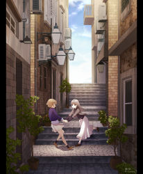 Rule 34 | 2girls, :d, :o, balcony, black eyes, black legwear, black shirt, blonde hair, blue shirt, blue sky, brick wall, brown footwear, city, cloud, cloudy sky, commentary request, day, door, flower, fujino iro, grey hair, grey jacket, grey skirt, highres, holding hands, house, jacket, lamp, long hair, long skirt, long sleeves, multiple girls, open clothes, open jacket, open mouth, outdoors, parted lips, pillarboxed, plant, playing, pleated skirt, potted plant, road, running, scenery, shirt, shoes, short hair, signature, skirt, sky, smile, socks, stairs, standing, street, striped clothes, striped shirt, tree, twitter username, white legwear, white skirt, window