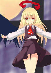 Rule 34 | 1girl, alternate hair length, alternate hairstyle, ascot, blonde hair, cross, ex-rumia, full moon, grey background, highres, long hair, long sleeves, looking at viewer, moon, outstretched arms, red eyes, reneun, ribbon, rumia, skirt, skirt set, smile, solo, spread arms, touhou, wings
