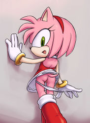 Rule 34 | 1girl, amy rose, animal ears, anus, ass, blush, boots, dress, female focus, furry, furry female, gloves, green eyes, grey background, hairband, karlo (artist), open mouth, panties, panty pull, pink hair, pussy, pussy juice, solo, sonic (series), tail, underwear, upskirt, white panties