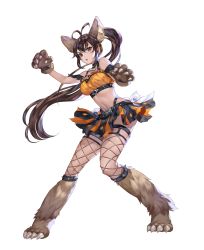 Rule 34 | 1girl, animal ears, animal hands, antenna hair, bare shoulders, breasts, brown eyes, brown hair, cecilia (king&#039;s raid), chestnut mouth, choker, crop top, fishnet thighhighs, fishnets, floating hair, full body, fur, gloves, highleg, highres, king&#039;s raid, large breasts, long hair, looking at viewer, midriff, miniskirt, navel, non-web source, official art, open mouth, orange shirt, orange skirt, paw gloves, paw shoes, ponytail, shirt, shoes, sidelocks, skirt, sleeveless, sleeveless shirt, solo, stomach, thighhighs, transparent background, v-shaped eyebrows, very long hair