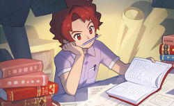 Rule 34 | 1boy, bill (pokemon), book, brown hair, closed mouth, collared shirt, creatures (company), game freak, indoors, male focus, nintendo, official art, open book, pen, pencil, pencil as mustache, pile of books, pocket, pokemon, pokemon tcg, purple shirt, reading, saitou naoki, shirt, sitting, solo, third-party source