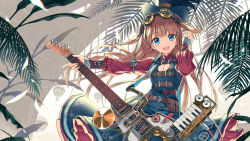 Rule 34 | 1girl, blue eyes, brown hair, cleavage cutout, clothing cutout, dress, goggles, goggles on head, guitar, hat, highres, instrument, kaito (k4itoh), key, long hair, looking at viewer, open mouth, original, smile, solo, steampunk