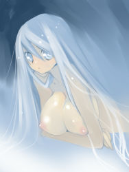 Rule 34 | 1girl, blue eyes, blue hair, breasts, cleavage, large breasts, long hair, lying, matching hair/eyes, nipples, on stomach, original, saibashi, solo, topless