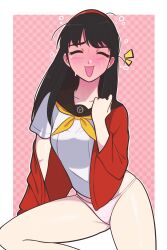 1girl absurdres amagi_yukiko black_hair blush breasts closed_eyes embarrassed hairband highres jacket jeff_miga long_hair panties persona persona_4 school_uniform smile solo underwear yasogami_school_uniform