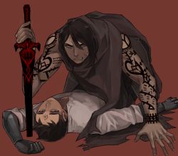 Rule 34 | 2boys, arm support, assa, black hair, blue eyes, clenched teeth, dark-skinned male, dark skin, facial mark, long hair, lying, male focus, mechanical arms, multiple boys, on back, parted lips, planted, planted sword, planted weapon, red background, scp-073, scp-076-2, scp foundation, single mechanical arm, sword, tattoo, teeth, weapon