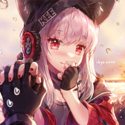 Rule 34 | 1boy, 1girl, animal ears, arknights, beanie, black gloves, black headwear, breasts, bubble, cleavage, clothes writing, dated, diamond-shaped pupils, diamond (shape), ears through headwear, fingerless gloves, fox ears, fox girl, frostleaf (arknights), gloves, grey hair, hat, headphones, highres, implied extra ears, jacket, looking at viewer, material growth, medium hair, nail polish, ninjinshiru, off shoulder, oripathy lesion (arknights), pov, pov hands, red eyes, red jacket, red nails, small breasts, smile, solo focus, symbol-shaped pupils, upper body