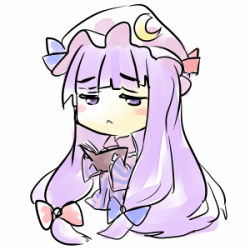 Rule 34 | 1girl, :&lt;, blush, blush stickers, book, bow, chibi, crescent, crescent moon, female focus, hat, izumi sai, long hair, lowres, moon, open book, patchouli knowledge, purple eyes, purple hair, reading, solo, touhou, very long hair