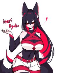 Rule 34 | animal ear fluff, animal ears, arm warmers, belt, black hair, blush stickers, breasts, fox ears, fox girl, highres, inako (usa37107692), large breasts, long hair, looking at viewer, multicolored hair, navel, original, red eyes, red hair, shorts, skin tight, smile, thick thighs, thighs, usa37107692, wide hips