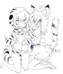 Rule 34 | 2girls, animal ears, arm grab, barefoot, bottomless, bow, cat ears, cat tail, embarrassed, frilled skirt, frills, heart, highres, hood, hoodie, kemono friends, multiple girls, sand cat (kemono friends), skirt, snake tail, source request, tail, tsuchinoko (kemono friends)