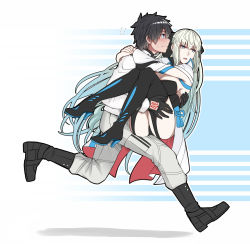 Rule 34 | 1boy, 1girl, ass, black footwear, black gloves, black hair, blue eyes, blush, boots, carrying, chaldea uniform, commentary request, fate/grand order, fate (series), flying sweatdrops, fujimaru ritsuka (male), full body, gloves, high heel boots, high heels, highres, hug, jacket, long hair, long sleeves, morgan le fay (fate), open clothes, open jacket, pants, princess carry, running, sanmoto gorouzaemon, thigh boots, thighhighs, very long hair, white hair, white pants