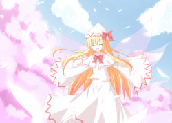 Rule 34 | 1girl, ^ ^, baram, blonde hair, bow, capelet, cherry blossoms, closed eyes, cloud, day, closed eyes, female focus, hat, lily white, long hair, open mouth, outstretched arms, sky, smile, solo, spread arms, touhou, wings