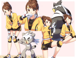 Rule 34 | 1girl, bandaid, bandaid on head, black shirt, blush, brown eyes, brown hair, clenched hand, closed eyes, closed mouth, commentary request, creatures (company), dynamax band, fighting stance, game freak, gen 8 pokemon, gloria (pokemon), gloves, hand up, jacket, knee pads, kubfu, leaning forward, leg up, legendary pokemon, looking at viewer, master dojo uniform, multiple views, nintendo, pokemon, pokemon (creature), pokemon swsh, sash, scbstella, shirt, shoes, shorts, sleeping, smile, standing, sweatdrop, urshifu, white footwear, white gloves, yellow jacket, zipper pull tab, zzz