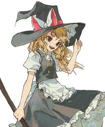 Rule 34 | 1girl, :d, apron, black skirt, black vest, blonde hair, bow, brown eyes, commentary request, cowboy shot, frilled apron, frilled skirt, frills, hand on headwear, hand up, hat, hat bow, highres, holding, kirisame marisa, long hair, looking at viewer, miko (15476997), open mouth, puffy short sleeves, puffy sleeves, shirt, short sleeves, simple background, skirt, smile, solo, touhou, turtleneck, unfinished dream of all living ghost, vest, waist apron, white background, white bow, white shirt, witch hat