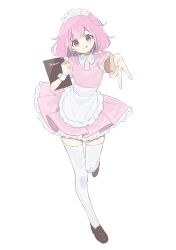 Rule 34 | 1girl, :q, apron, brown footwear, commentary, dress, foreshortening, frilled dress, frills, full body, highres, holding, holding menu, loafers, maid headdress, mechiru, menu, nail polish, ootori emu, pink dress, pink eyes, pink hair, pink nails, project sekai, shoes, short hair, short sleeves, solo, thighhighs, tongue, tongue out, v, waitress, white thighhighs