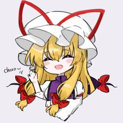 1girl blonde_hair bow closed_eyes commentary english_text facing_viewer gap_(touhou) grey_background hair_bow hat hat_ribbon highres koharu66353343 long_hair long_sleeves mob_cap open_mouth red_bow red_ribbon ribbon sidelocks simple_background solo tabard touhou upper_body white_hat yakumo_yukari