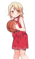 Rule 34 | 1girl, @ @, bad id, bad pixiv id, ball, bare arms, bare shoulders, basketball, basketball (object), basketball uniform, blush, brown eyes, flying sweatdrops, hair between eyes, holding, holding ball, idolmaster, idolmaster cinderella girls, light brown hair, long hair, morikubo nono, parted lips, red shorts, red tank top, ringlets, short shorts, shorts, simple background, solo, sportswear, sweat, tank top, uccow, white background