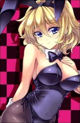Rule 34 | 1girl, alice margatroid, animal ears, bare shoulders, black pantyhose, blonde hair, blue eyes, blush, bow, bowtie, breasts, checkered background, cleavage, fake animal ears, female focus, large breasts, leotard, looking at viewer, navel, no bra, pantyhose, playboy bunny, rabbit ears, solo, touhou, touya (the-moon), wrist cuffs