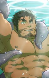 Rule 34 | 1boy, abs, asphyxiation, bara, beard, black hair, chest hair, completely nude, dagon (housamo), drowning, facial hair, highres, large pectorals, long sideburns, looking at viewer, male focus, muscular, navel, nipples, nude, pectorals, raised eyebrow, short hair, sideburns, solo, stomach, stubble, tentacles, tentacles on male, tokyo houkago summoners, underwater, upper body, yanutorie