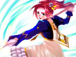 Rule 34 | 1girl, aqua eyes, boots, breasts, dress, eleanor hume, fingerless gloves, frills, gloves, hair ornament, jacket, long hair, open mouth, red hair, spear, tales of (series), tales of berseria, thigh boots, thighhighs, twintails, weapon