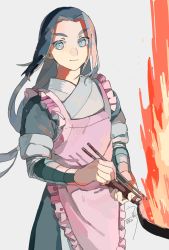 Rule 34 | 1boy, apron, blue eyes, chopsticks, dated, drruraguchi, fire, frilled apron, frills, frying pan, glowing, highres, holding, looking at viewer, pink apron, shadow, short sleeves, simple background, solo, luo xiaohei zhanji, white background, wuxian (the legend of luoxiaohei)
