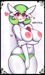 Rule 34 | 1girl, :3, :3p, black border, blush, border, breasts, cowboy shot, creatures (company), game freak, gardevoir, gen 3 pokemon, green hair, green panties, heart, highres, kyodashiro, large areolae, large breasts, navel, nintendo, nipples, panties, pokemon, pokemon (creature), red eyes, short hair, simple background, solo, tongue, tongue out, topless, underwear, white background