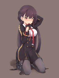 Rule 34 | 1girl, arm up, black dress, black gloves, black pantyhose, blush, boots, brown background, closed mouth, dress, girls&#039; frontline, gloves, half gloves, hand up, highres, knee boots, long hair, long sleeves, looking at viewer, mouth hold, nose blush, pantyhose, pkpkpppk, purple eyes, purple hair, red ribbon, ribbon, ribbon in mouth, shadow, short dress, simple background, solo, tsurime, tying hair, underbust, very long hair, wa2000 (girls&#039; frontline)