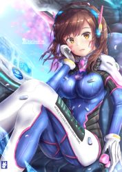 Rule 34 | 1girl, acronym, animal print, arm support, artist name, bad id, bad pixiv id, blue bodysuit, blurry, blurry background, blush, bodysuit, breasts, brown eyes, brown hair, chair, cherry blossoms, chinchongcha, clenched hand, clothes writing, cockpit, computer, copyright name, crossed legs, d.va (overwatch), day, facepaint, facial mark, gloves, headphones, high collar, highres, interface, legs up, light smile, logo, long hair, looking at viewer, mecha, medium breasts, meka (overwatch), open mouth, outdoors, overwatch, overwatch 1, petals, pilot suit, rabbit print, ribbed bodysuit, robot, shoulder pads, sitting, skin tight, solo, swept bangs, watermark, web address, whisker markings, white gloves