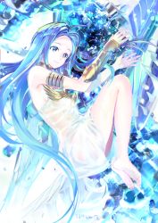 Rule 34 | 119, 1girl, ahoge, armlet, barefoot, blue eyes, blue hair, breasts, closed mouth, dress, floating hair, from above, full body, granblue fantasy, highres, long hair, lying, lyria (granblue fantasy), on side, see-through, short dress, sideboob, sleeveless, sleeveless dress, small breasts, smile, soles, solo, very long hair, white dress