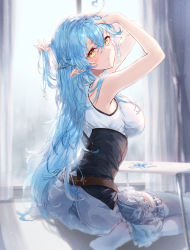 Rule 34 | 1girl, absurdres, ahoge, arms up, bare shoulders, blue hair, blush, braid, breasts, bridal garter, closed mouth, commentary, corset, curtains, day, dress, english commentary, eshineko, flower, frilled dress, frills, from side, half updo, heart, heart ahoge, highres, hololive, indoors, large breasts, long hair, looking at viewer, looking to the side, messy hair, on floor, pointy ears, sitting, solo, sunlight, table, thighhighs, very long hair, virtual youtuber, wariza, white dress, white flower, white thighhighs, window, yellow eyes, yukihana lamy