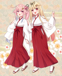 2girls alternate_costume blonde_hair blue_hair blush breasts commentary_request fang flower full_body gradient_hair hair_between_eyes hair_flaps hair_flower hair_ornament hair_ribbon hairclip hakama harusame_(kancolle) harusame_kai_ni_(kancolle) highres japanese_clothes kantai_collection kimono large_breasts long_hair long_sleeves looking_at_viewer medium_breasts miko multicolored_hair multiple_girls open_mouth pink_flower pink_hair ponytail red_eyes red_hakama ribbon ringo_sui sidelocks standing tabi very_long_hair white_kimono wide_sleeves yuudachi_(kancolle) yuudachi_kai_ni_(kancolle)