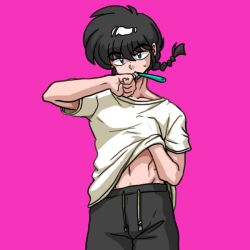 Rule 34 | 1boy, black eyes, black hair, braid, clothes lift, looking at viewer, official style, pink background, ranma 1/2, saotome ranma, shirt lift, simple background, single braid, standing, upper body, wanta (futoshi)