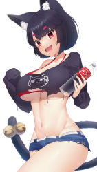 Rule 34 | 1girl, :d, absurdres, animal ear fluff, animal ears, azur lane, bell, belt, bikini, bikini under clothes, black hair, black shirt, blue shorts, blunt bangs, bottle, breasts, cat ears, cat girl, cleavage, collarbone, commentary request, cowboy shot, crop top, denim, denim shorts, fang, groin, highres, holding, holding bottle, jingle bell, large breasts, long sleeves, looking at viewer, navel, off shoulder, official alternate costume, open mouth, red bikini, red eyes, seele0907, shirt, short hair, short shorts, shorts, sidelocks, simple background, single bare shoulder, skin fang, sleeves past fingers, sleeves past wrists, smile, solo, standing, standing on one leg, stomach, swimsuit, tail, tail bell, tail ornament, torn clothes, torn shirt, torn shorts, underboob, water bottle, white background, white belt, yamashiro (azur lane), yamashiro (vacation offensive!) (azur lane)