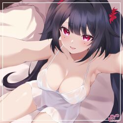 Rule 34 | 1girl, :d, bare shoulders, black hair, breasts, cleavage, dodosako, dress, facial mark, highres, honkai: star rail, honkai (series), large breasts, long hair, looking at viewer, open mouth, pink eyes, sitting, sleeveless, sleeveless dress, smile, solo, spaghetti strap, sparkle (honkai: star rail), thighs, twintails, very long hair, white dress