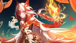 Rule 34 | 1girl, breasts, chinese clothes, elbow gloves, eyebrows hidden by hair, fire, fu hua, fu hua (garuda), fu hua (phoenix), gloves, highres, holding, honkai (series), honkai impact 3rd, log, long hair, looking at viewer, official art, official wallpaper, red eyes, red gloves, simple background, small breasts, solo, upper body, white hair