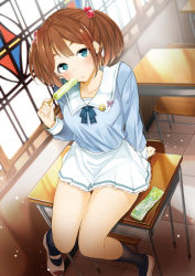 Rule 34 | 1girl, :o, badge, blue eyes, blue ribbon, blue shirt, brown hair, button badge, chair, classroom, collarbone, commentary request, desk, food, guranyto, hair bobbles, hair ornament, head tilt, holding, indoors, long sleeves, looking at viewer, moe2019, neck ribbon, on desk, original, popsicle, ribbon, school chair, school desk, school uniform, serafuku, shirt, shoes, short twintails, sitting, on desk, skirt, smiley face, socks, solo, stained glass, twintails, uwabaki, white skirt, window, wrapper