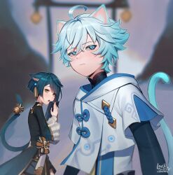 Rule 34 | 2boys, ahoge, animal ear fluff, animal ears, aqua hair, arms at sides, artist name, bell, black jacket, black sleeves, blue eyes, blue hair, blue trim, blurry, blurry background, blurry border, book, cat boy, cat ears, cat tail, chongyun (genshin impact), closed mouth, earrings, frilled sleeves, frills, from side, genshin impact, gradient hair, hair between eyes, highres, holding, holding book, hood, hood down, jacket, jewelry, kemonomimi mode, lavelis, layered clothes, layered sleeves, long sleeves, mandarin collar, multicolored hair, multiple boys, outdoors, outline, shirt, short hair, short over long sleeves, short sleeves, sideways glance, slit pupils, tail, tail bell, tail ornament, tassel, tassel earrings, three quarter view, torii, unkempt, white hair, white outline, white shirt, xingqiu (genshin impact), yellow eyes
