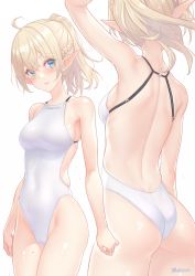 Rule 34 | 1girl, ahoge, arm up, artist name, ass, backless swimsuit, bare arms, bare shoulders, blonde hair, blush, braid, breasts, collarbone, commentary request, competition swimsuit, covered navel, dan (kumadan), elf, fingernails, from behind, highleg, highleg swimsuit, highres, long hair, looking at viewer, medium breasts, mole, mole on leg, mole under eye, multiple views, one-piece swimsuit, original, parted lips, pointy ears, ponytail, revision, shiny skin, signature, simple background, skin tight, swimsuit, thighs, water, water drop, wet, white background, white one-piece swimsuit