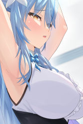 Rule 34 | 1girl, armpit focus, armpits, bare arms, blue bow, blue bowtie, blue hair, blush, bow, bowtie, breasts, checkered floor, close-up, elf, embarrassed, flower, frilled shirt, frills, from side, hair between eyes, hair flower, hair ornament, high collar, highres, hololive, large breasts, long hair, looking at viewer, masaya tayo, multicolored hair, pointy ears, shirt, sleeveless, sleeveless shirt, solo, streaked hair, underbust, very long hair, virtual youtuber, white shirt, yellow eyes, yukihana lamy